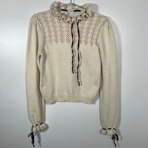ZARA Cream Sweater Feminine Victorian Knit Lace Ruffle Neck Velvet Tie Medium